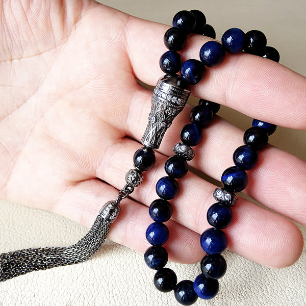 925 SILVER 33 Prayer Rare Blue Tigers Eye Beads Muslim Tasbih Misbaha Rosary