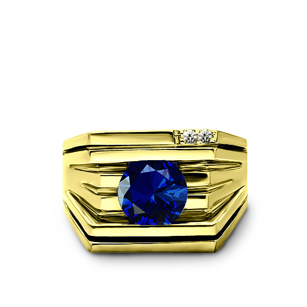 Mens Ring REAL Solid 14K YELLOW GOLD with Sapphire and 2 DIAMOND Accents