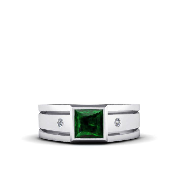 Solid 925 Silver Men's Diamond Ring with Faceted Gemstone emerald