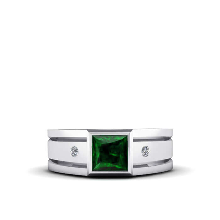 Solid 925 Silver Men's Diamond Ring with Faceted Gemstone emerald