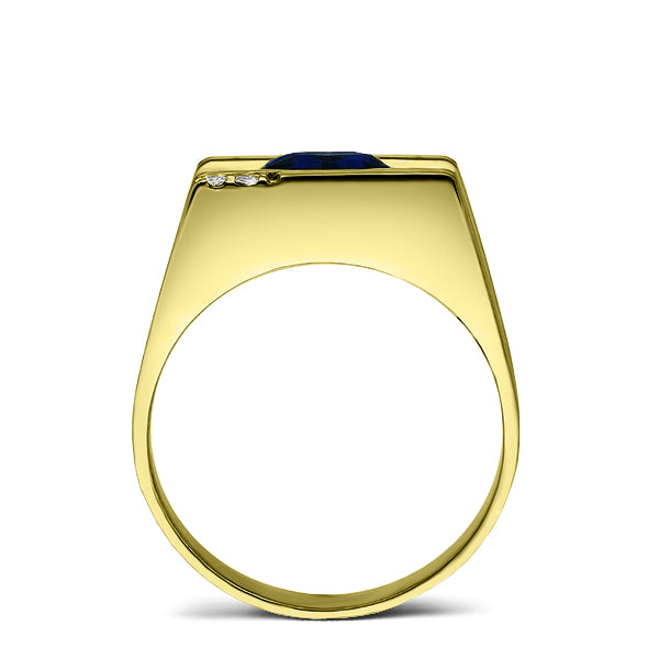 Mens Ring REAL Solid 14K YELLOW GOLD with Sapphire and 2 DIAMOND Accents