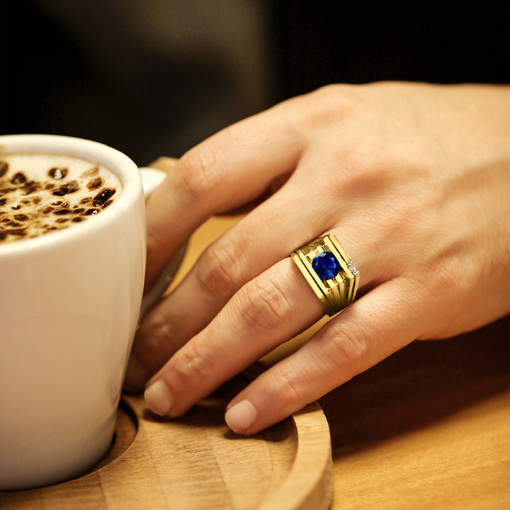 Mens Ring REAL Solid 10K YELLOW GOLD with Sapphire and 2 DIAMOND Accents