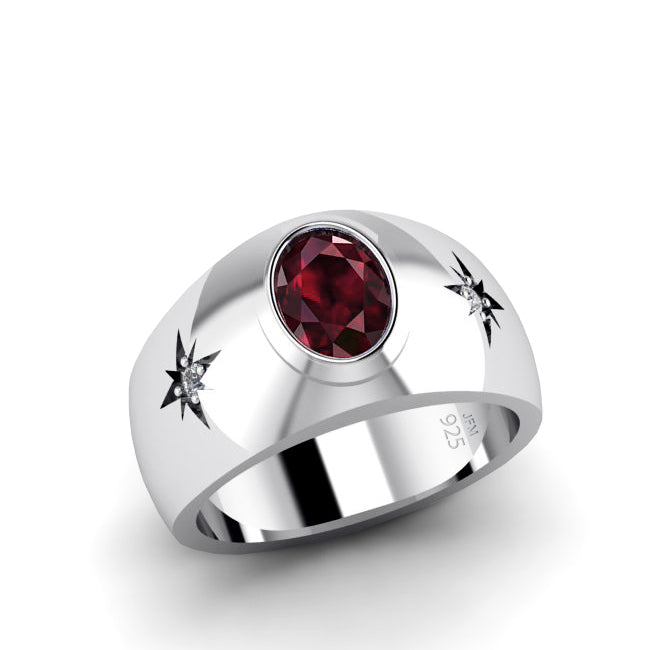 Oval Gemstone Men's Ring 925 Silver Wide Engagement Band ruby