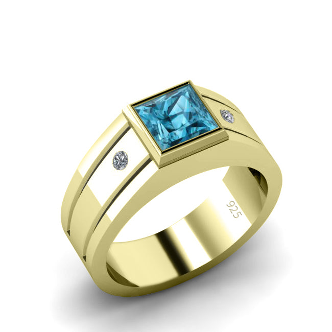 Men's 18K Real Gold Plated Ring Polished High Quality Silver with Square Topaz and Natural Diamonds
