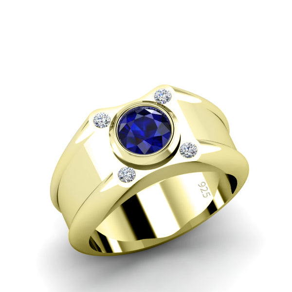 Unique Men's Ring Classic Jewelry with Diamonds and Sapphire in 18k Yellow Gold-Plated Solid Silver