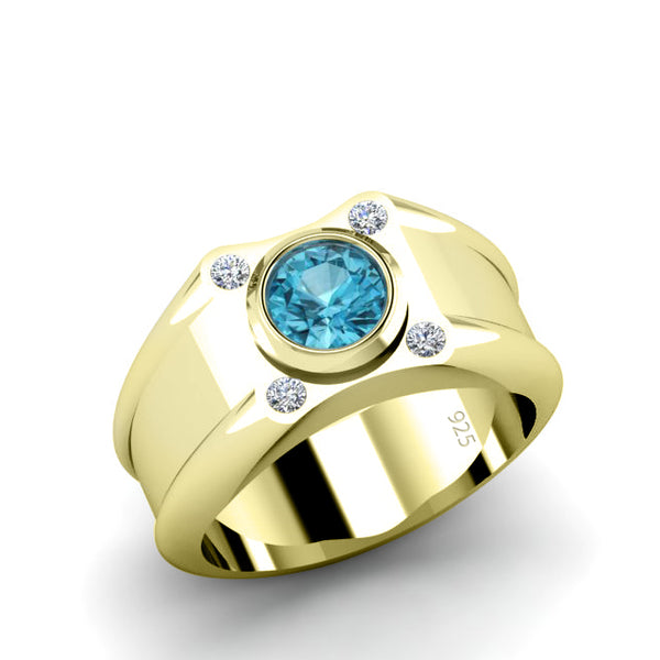 Wide Band Retro Ring with 4 Diamonds and Topaz 18k Yellow Gold-Plated Sterling Silver Men's Jewelry