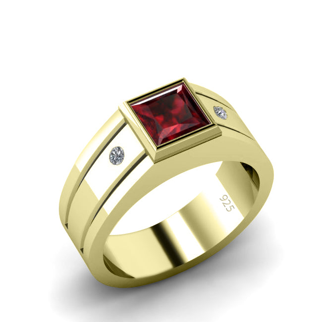 Men's Gold Plated Ruby Ring Trendy Solitaire Band with Natural Diamonds and Red Gemstone