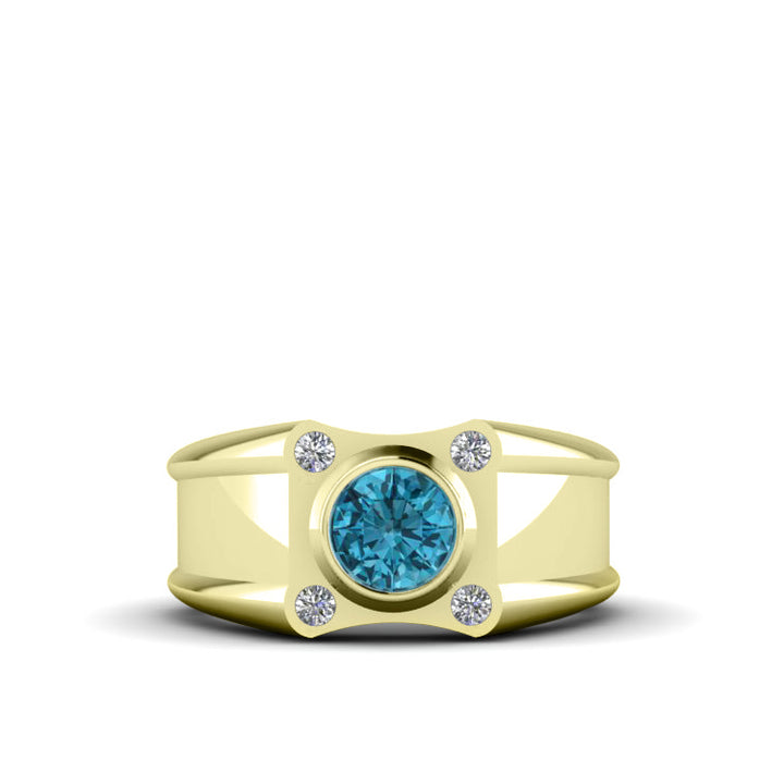 Wide Band Retro Ring with 4 Diamonds and Topaz 18k Yellow Gold-Plated Sterling Silver Men's Jewelry