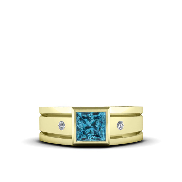 Men's 18K Real Gold Plated Ring Polished High Quality Silver with Square Topaz and Natural Diamonds