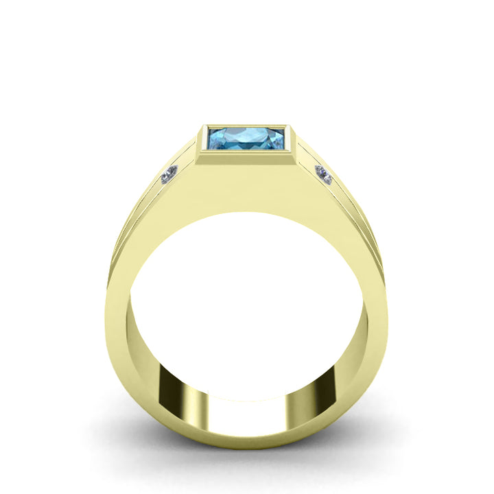 Men's 18K Real Gold Plated Ring Polished High Quality Silver with Square Topaz and Natural Diamonds