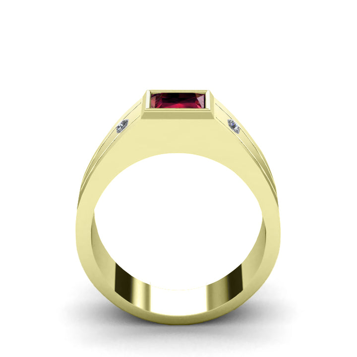 Men's Gold Plated Ruby Ring Trendy Solitaire Band with Natural Diamonds and Red Gemstone