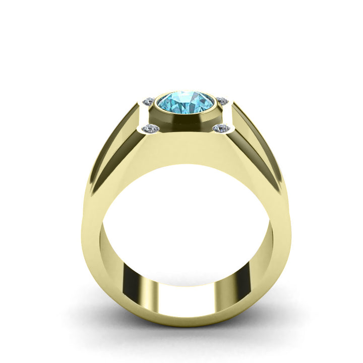 Wide Band Retro Ring with 4 Diamonds and Topaz 18k Yellow Gold-Plated Sterling Silver Men's Jewelry
