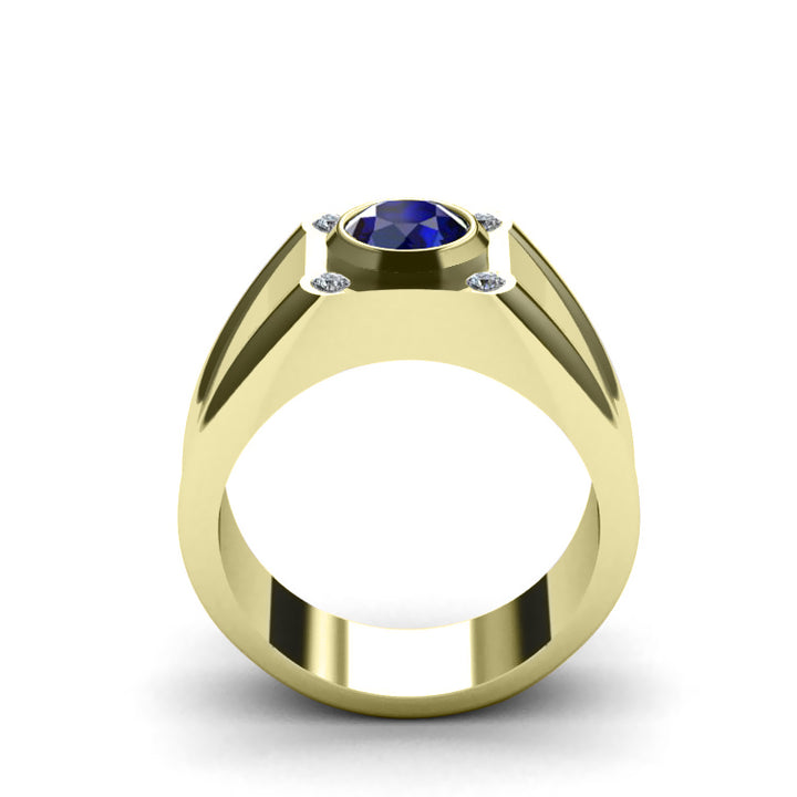 Unique Men's Ring Classic Jewelry with Diamonds and Sapphire in 18k Yellow Gold-Plated Solid Silver