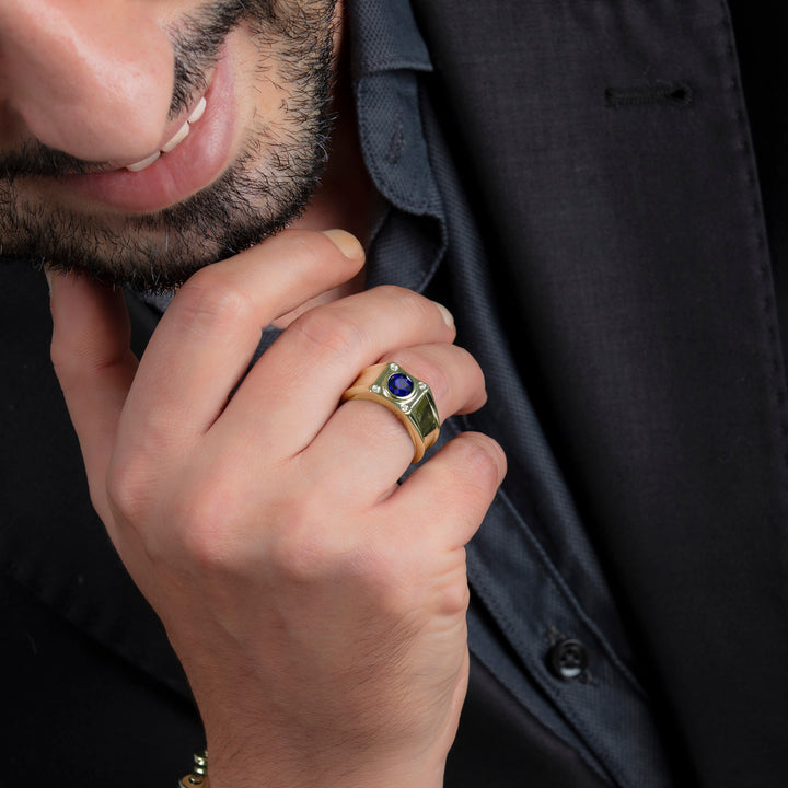 Unique Men's Ring Classic Jewelry with Diamonds and Sapphire in 18k Yellow Gold-Plated Solid Silver