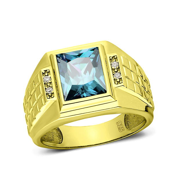 Turkish 925 Solid Silver 18K Gold Plated Mens Aquamarine 4 Diamond Accents Ring