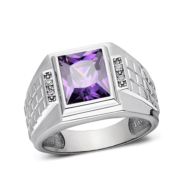 Real 14K White Gold Mens Ring 4 Natural Diamonds Accents and Purple Amethyst