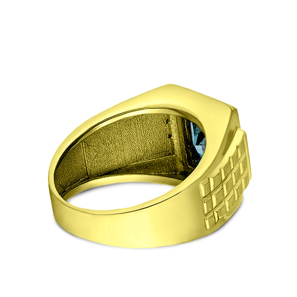 Turkish 925 Solid Silver 18K Gold Plated Mens Aquamarine 4 Diamond Accents Ring