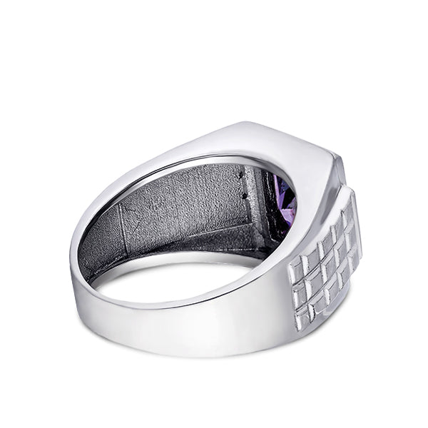 Real 14K White Gold Mens Ring 4 Natural Diamonds Accents and Purple Amethyst