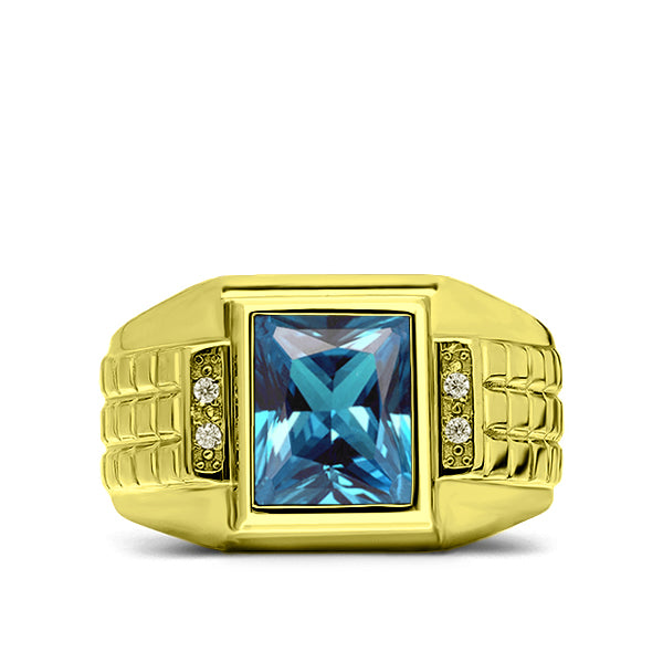 Turkish 925 Solid Silver 18K Gold Plated Mens Aquamarine 4 Diamond Accents Ring