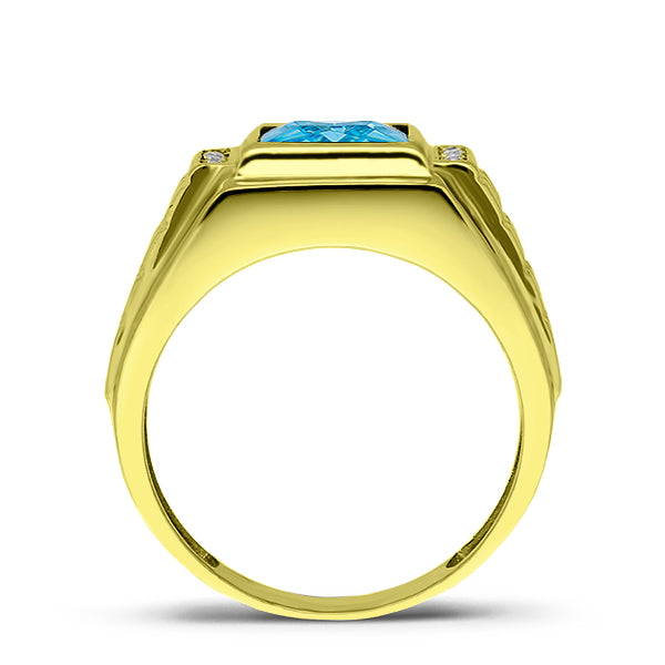 Turkish 925 Solid Silver 18K Gold Plated Mens Aquamarine 4 Diamond Accents Ring