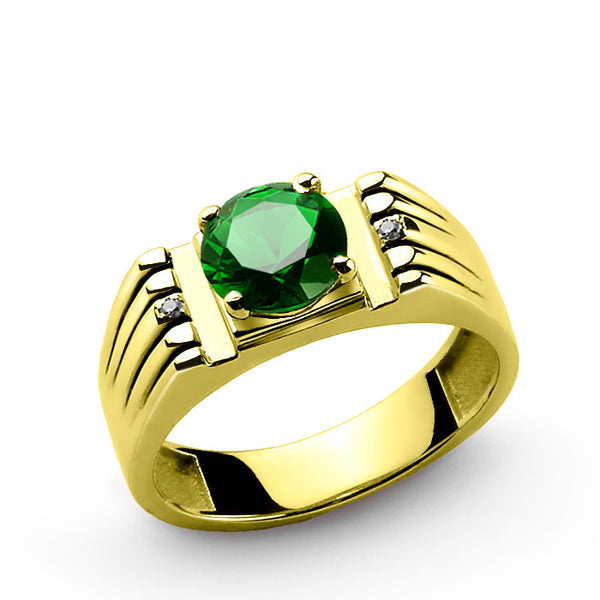 Men's Ring with Green Emerald and Natural Diamonds in 14k Yellow Gold