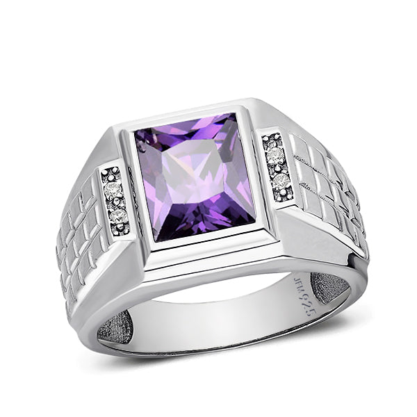 Real 925 Sterling Silver Men's Gemstone Ring with 4 Diamonds