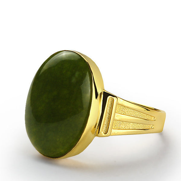Men's 14 karat Gold Ring with Natural Green Agate Stone