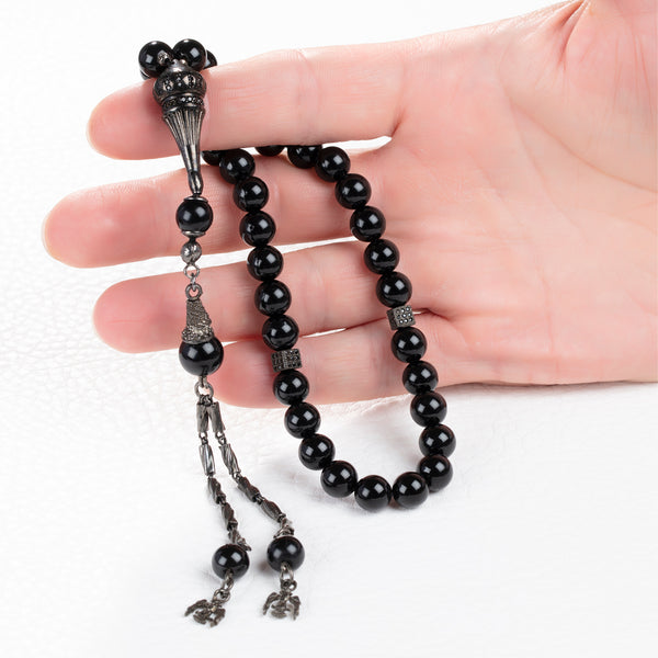 Black Rosary with 925 SILVER Tassel Islamic Onyx Tasbih Muslim Healing Stone Prayer Beads