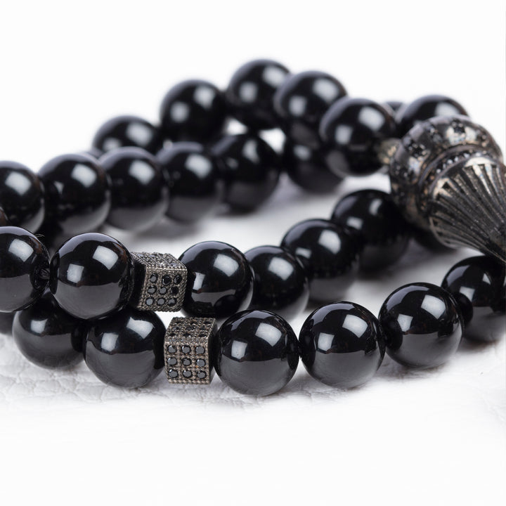 Black Rosary with 925 SILVER Tassel Islamic Onyx Tasbih Muslim Healing Stone Prayer Beads