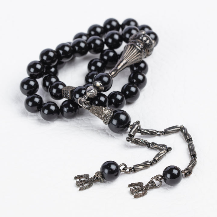 Black Rosary with 925 SILVER Tassel Islamic Onyx Tasbih Muslim Healing Stone Prayer Beads