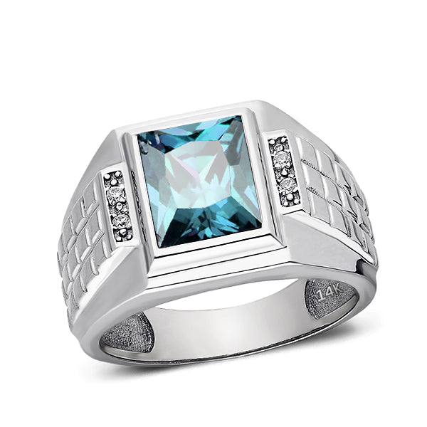 Mens Right Hand Ring 14K White Gold Aquamarine and Diamonds Wide Ring For Man