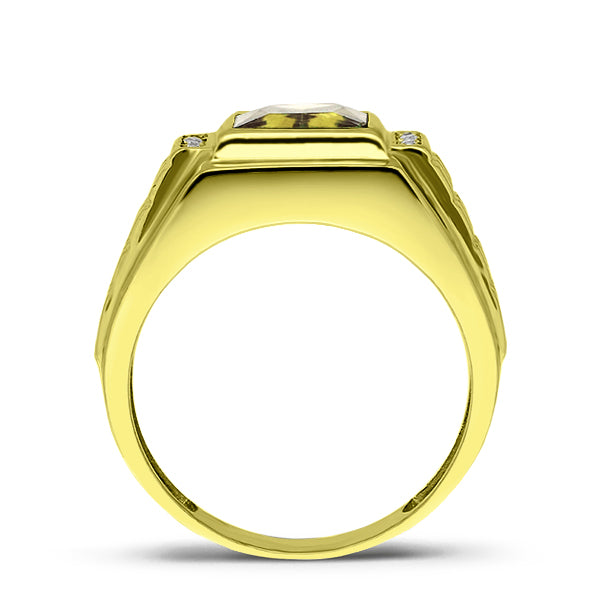 18K Gold Plated on 925 Solid Silver 4 Diamonds Mens Yellow Citrine Ring All Sz
