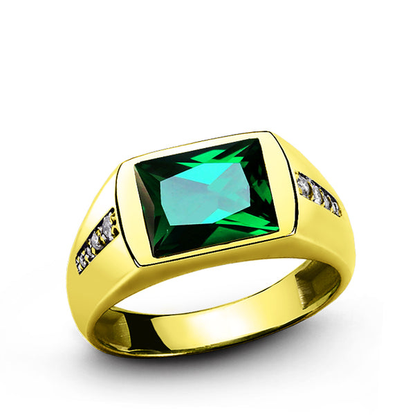 MEN'S SOLID 10K GOLD EMERALD RING 0.08 ctw Natural Diamonds Fine Ring for Man