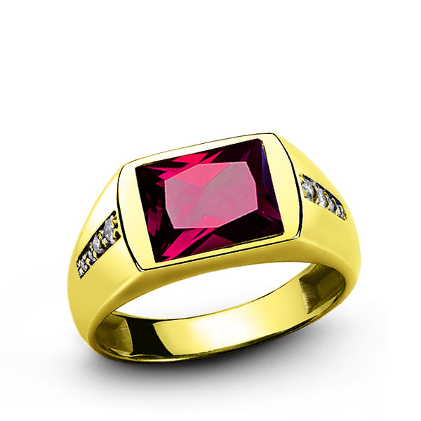 Ring For men in Fine Solid 14K GOLD with Red RUBY and 8 Natural Diamond Accents