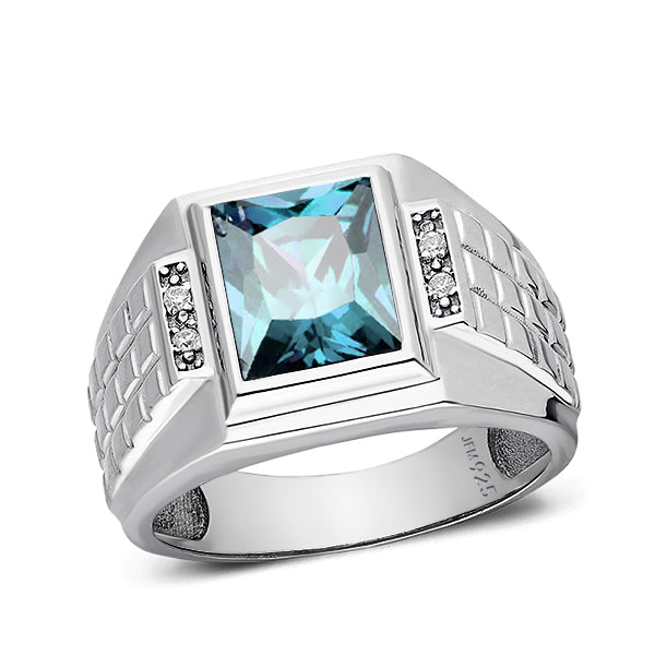 Real 925 Sterling Silver Men's Gemstone Ring with 4 Diamonds topaz