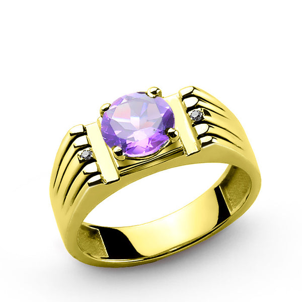 10k Yellow Solid Gold Men's Ring with Amethyst Gemstone and Natural Diamonds