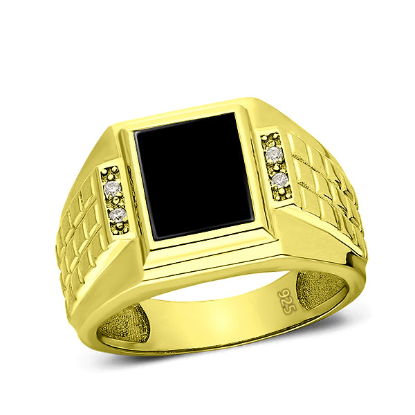 Mens 18K Yellow Gold Plated Silver Ring With Black Onyx and 4 Natural Diamonds
