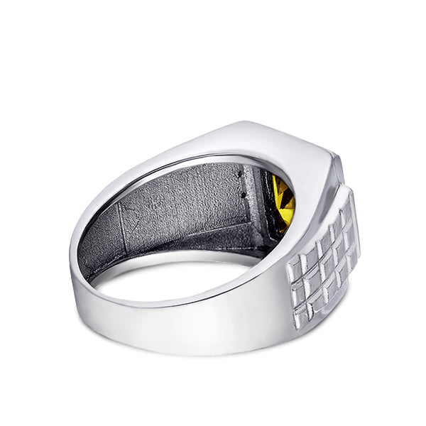 Solid 14K White Gold Citrine Mens Ring 0.08ct Natural Diamonds Ring for Men