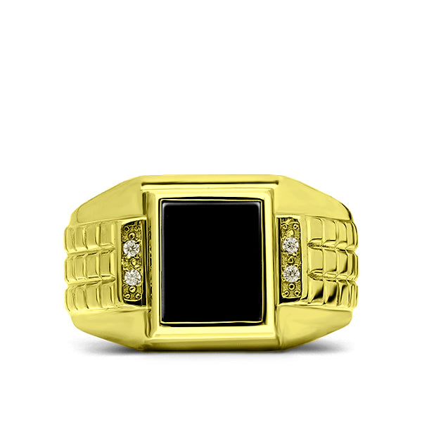 Solid Real 10K Yellow Fine Gold Black Onyx and 4 Diamond Heavy Band Ring for Men