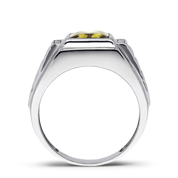 Solid 14K White Gold Citrine Mens Ring 0.08ct Natural Diamonds Ring for Men