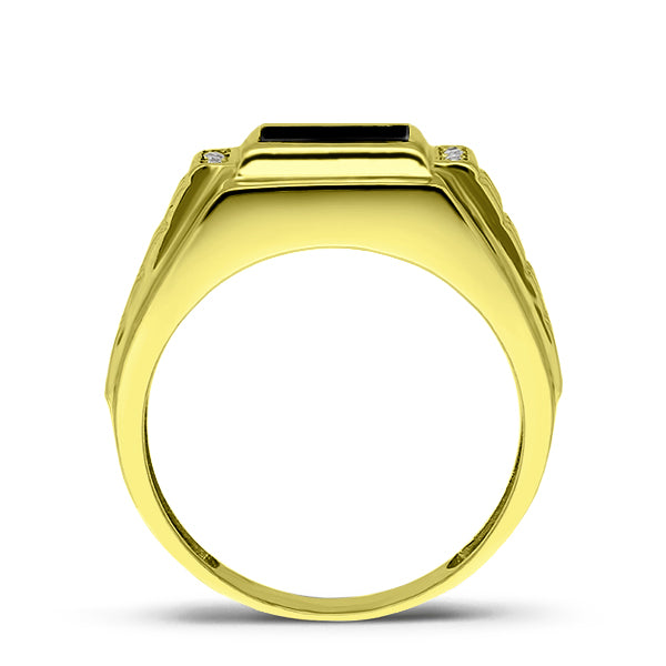 Mens 14K Yellow Gold Jewelry Gift Ring for Boyfriend Onyx and 4 Diamonds