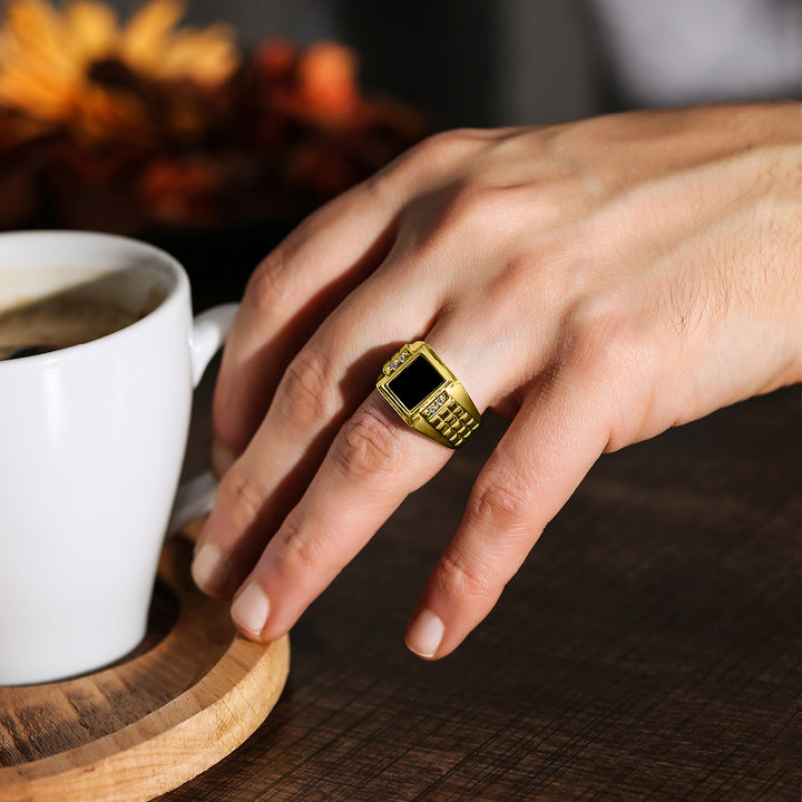 Mens 18K Yellow Gold Plated Silver Ring With Black Onyx and 4 Natural Diamonds