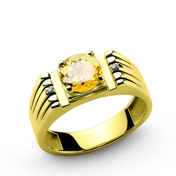 Men's Ring in 10k Gold with Yellow Citrine Gemstone and Natural Diamonds
