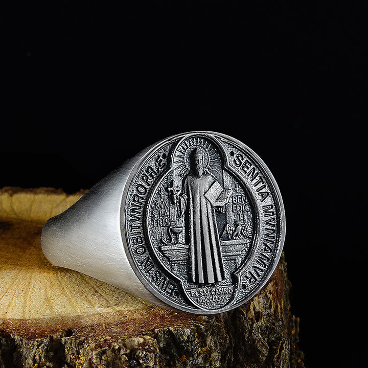 Saint Benedict Medallion Men’s Ring in 925 Sterling Silver