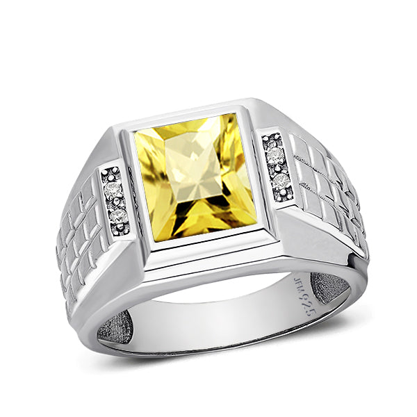 Real 925 Sterling Silver Men's Gemstone Ring with 4 Diamonds citrine