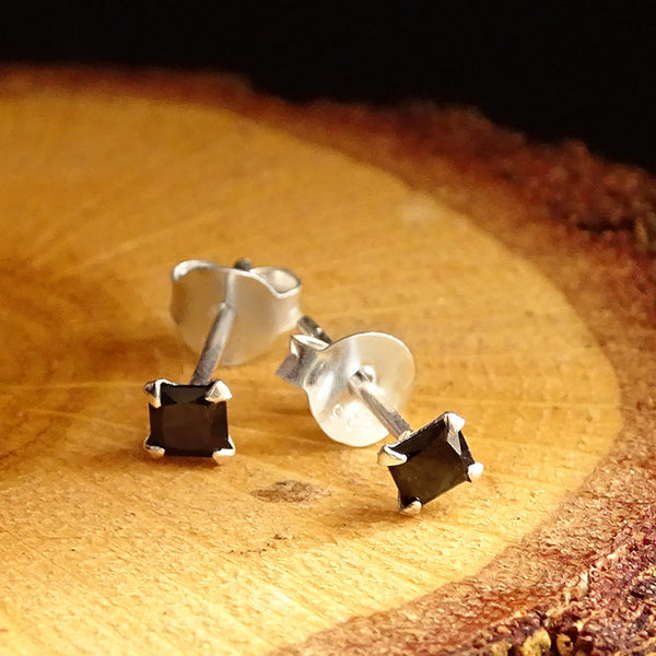 925k Sterling Silver Mens Stud Earrings with Black Cubic Zirconia