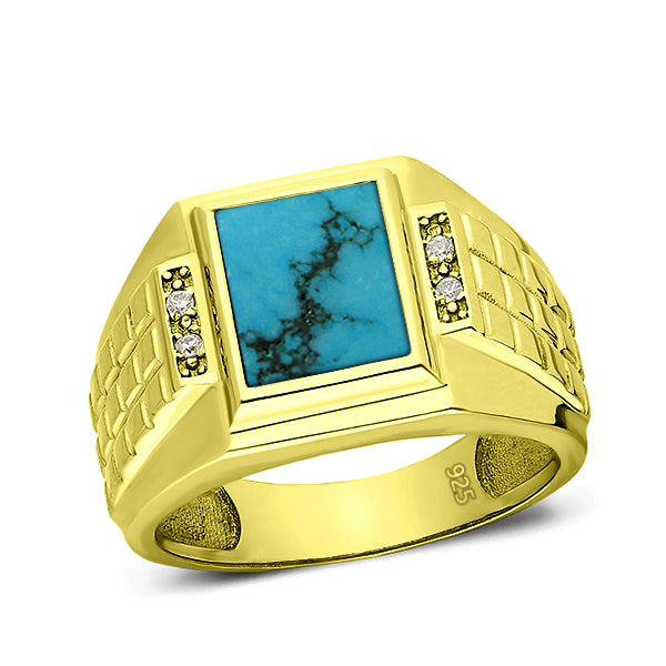18K Gold Plated on 925 Solid Silver Mens Turquoise Ring With 4 Diamond Accents