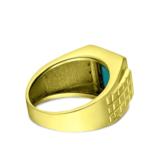 Real Fine 14K Yellow Gold Turquoise Mens Ring with 0.08ct Natural 4 Diamonds