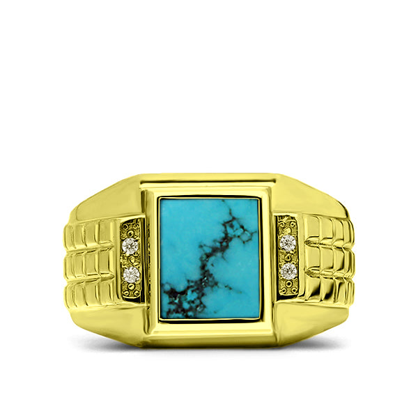 18K Real Yellow Fine Gold Blue Turquoise Mens Ring 4 Natural Diamonds Accents