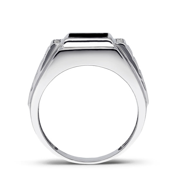 Solid 14K White Gold Estate Geometric Vintage Design Mens Onyx and Diamond Ring